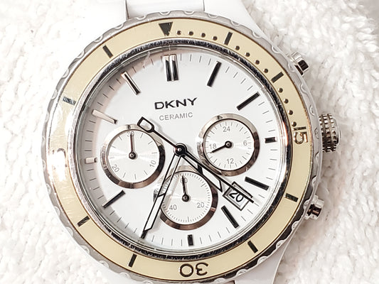 DKNY Ceramic Chronograph Women's White Date Quartz Watch Vintage