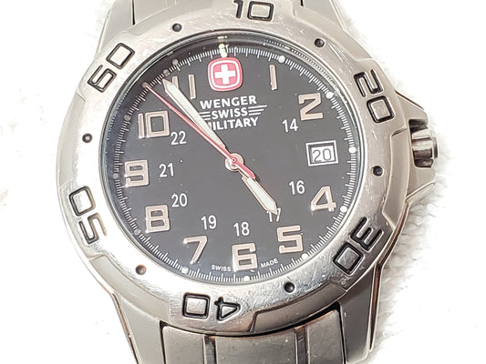 Wenger Swiss Military Men Date Titanium Watch WR 100M Black Dial 1 Jewel Vintage