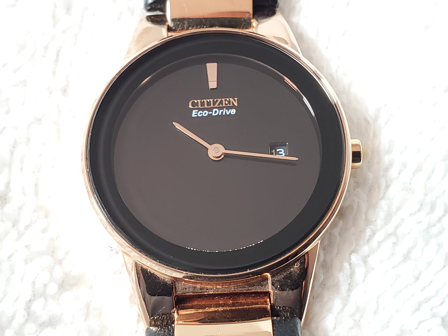 Citizen Eco Drive Axiom Rose Gold Tone Women's Watch Black Dial Leather Strap