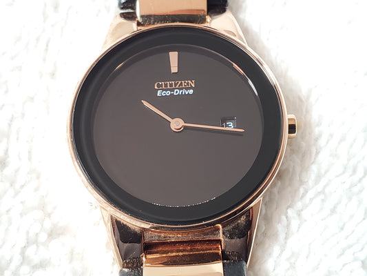 Citizen Eco Drive Axiom Rose Gold Tone Women's Watch Black Dial Leather Strap