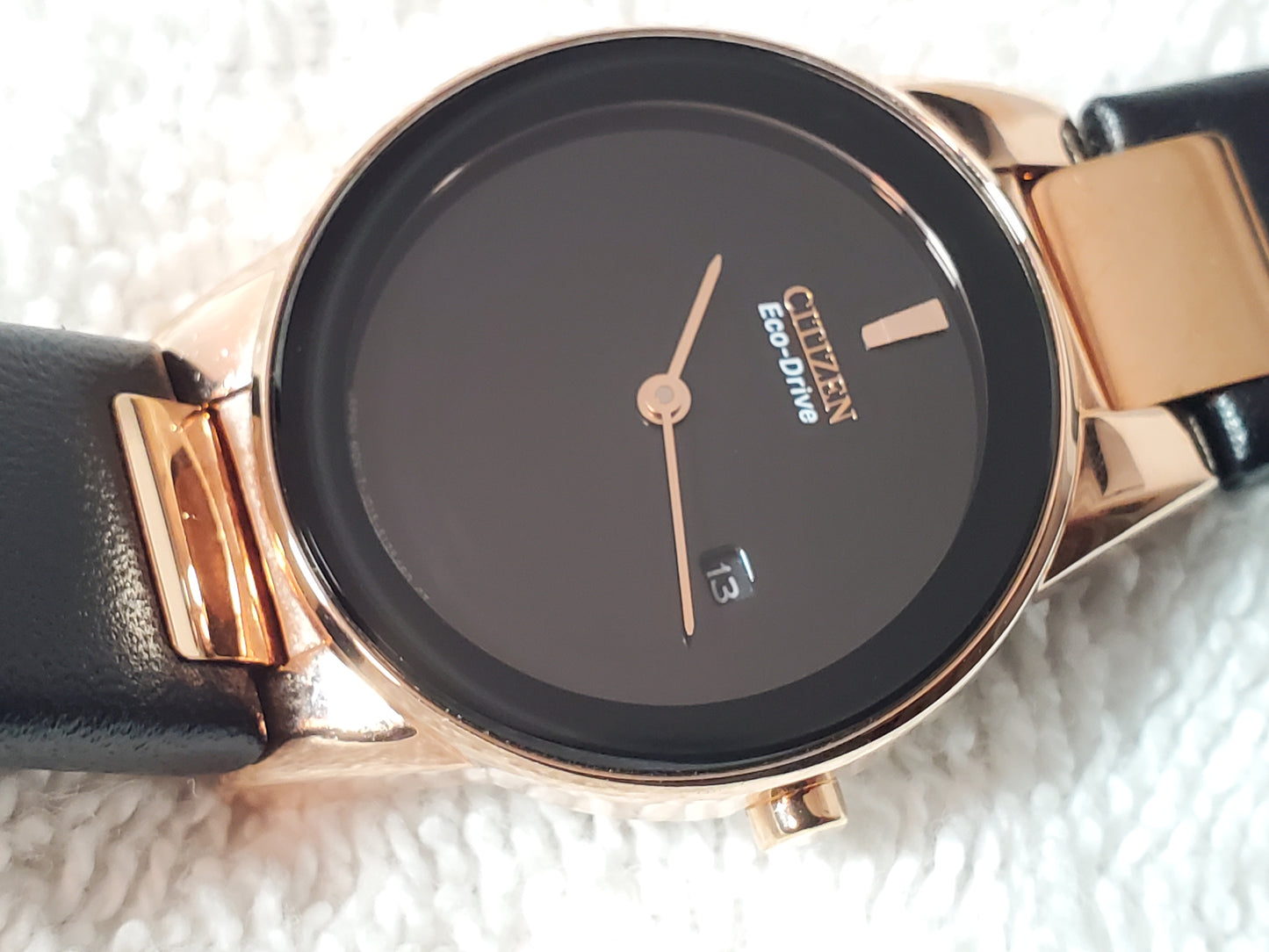 Citizen Eco Drive Axiom Rose Gold Tone Women's Watch Black Dial Leather Strap