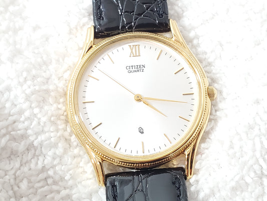 Vintage Citizen CQ Men's Silver Dial Gold Tone Plated Watch Black Leather Strap