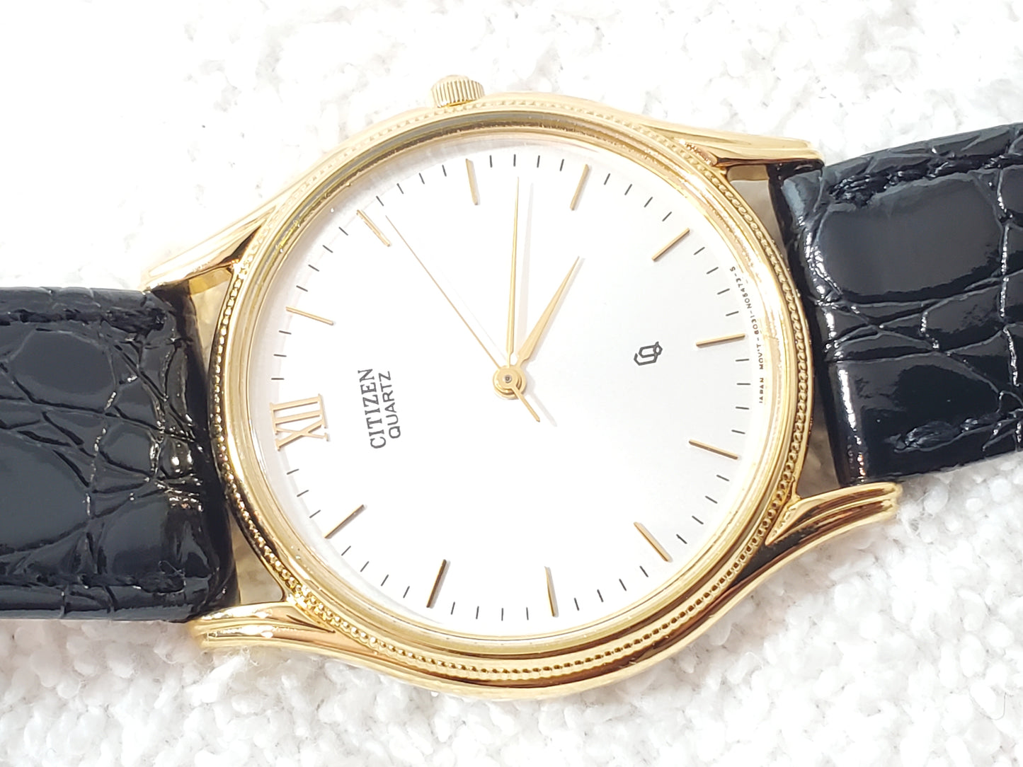 Vintage Citizen CQ Men's Silver Dial Gold Tone Plated Watch Black Leather Strap