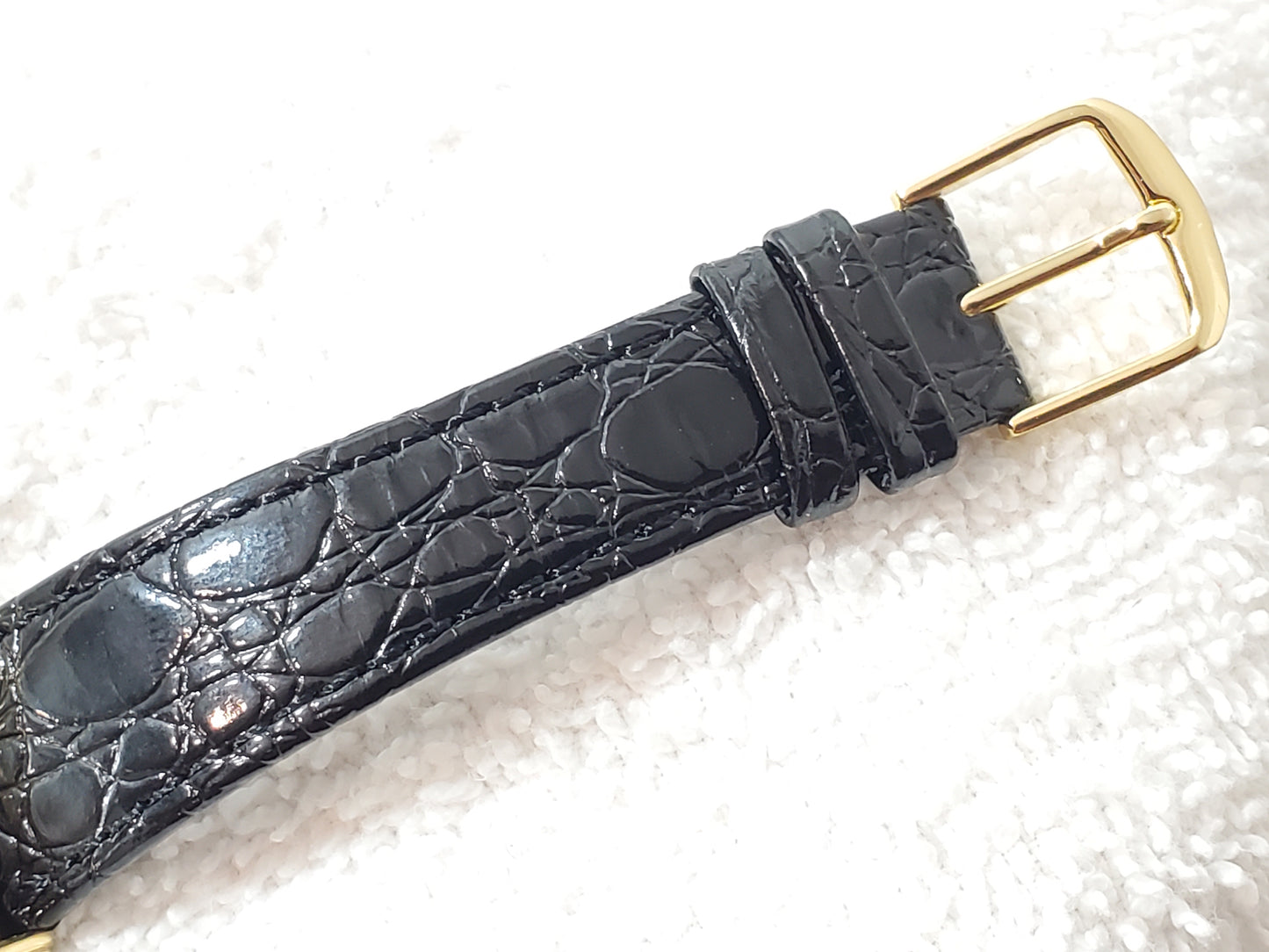 Vintage Citizen CQ Men's Silver Dial Gold Tone Plated Watch Black Leather Strap