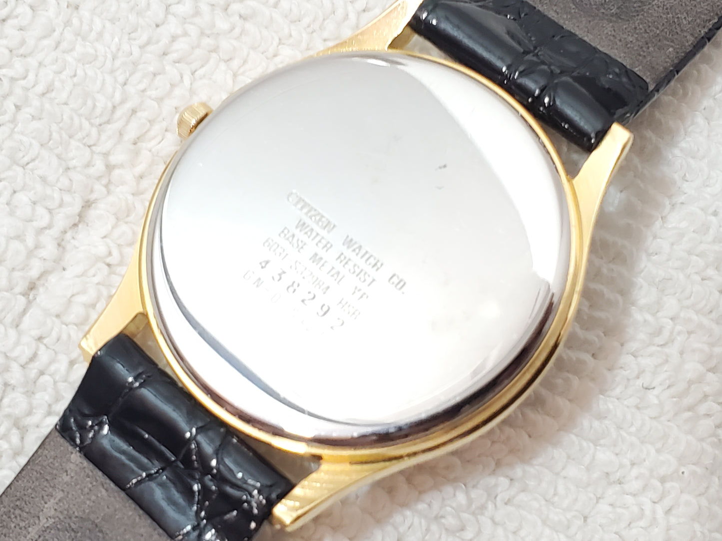 Vintage Citizen CQ Men's Silver Dial Gold Tone Plated Watch Black Leather Strap
