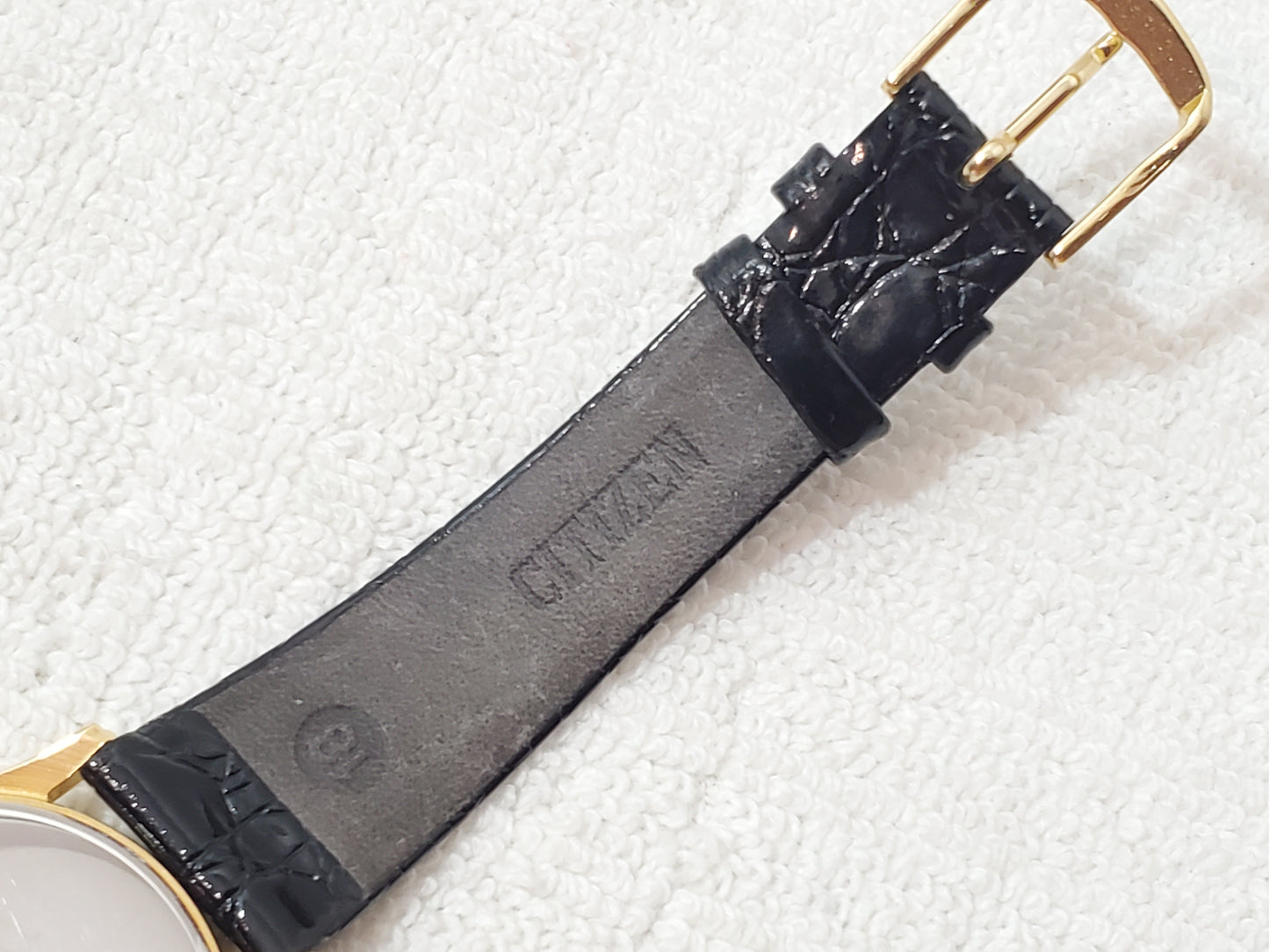 Vintage Citizen CQ Men's Silver Dial Gold Tone Plated Watch Black Leather Strap