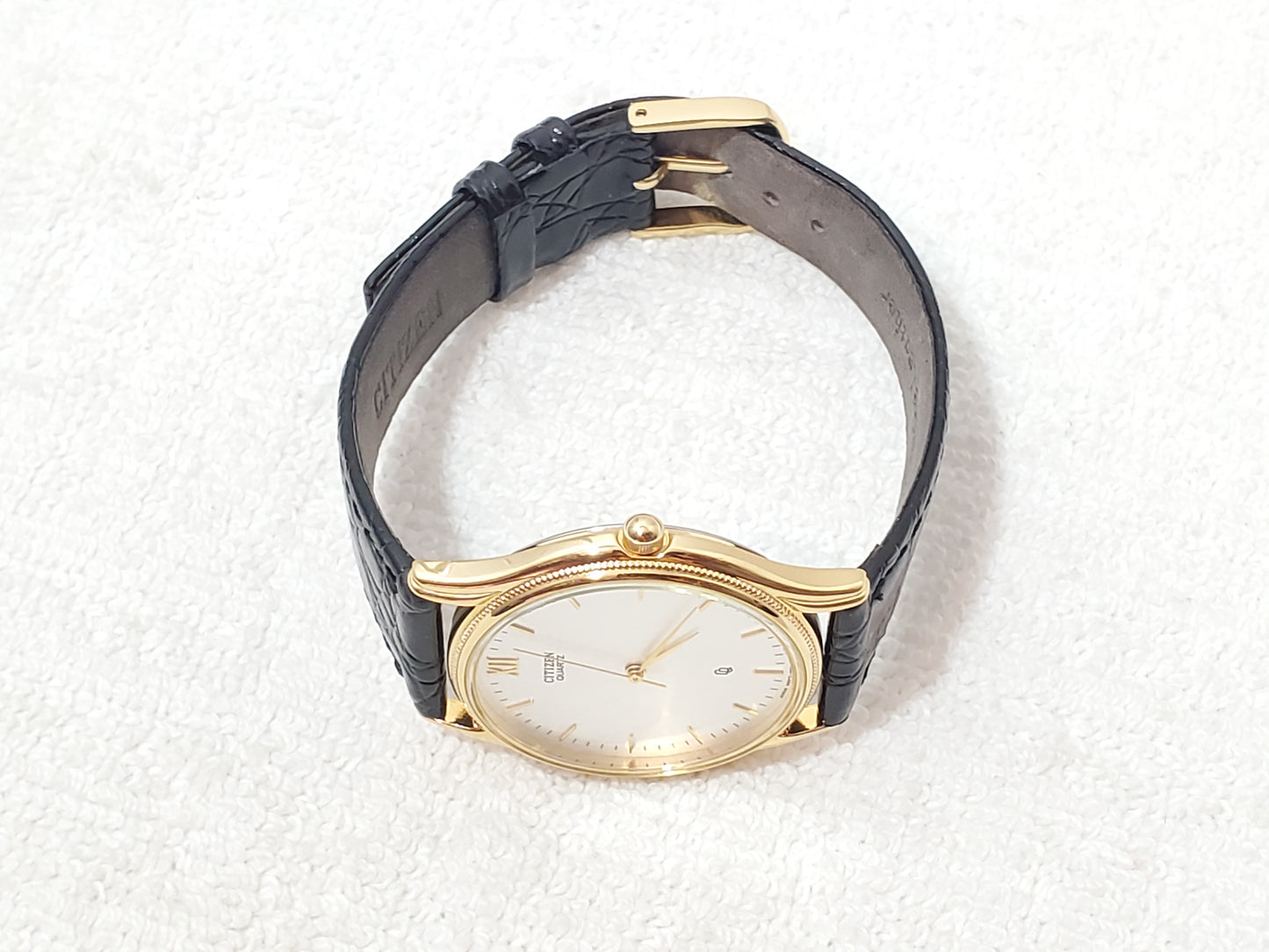 Vintage Citizen CQ Men's Silver Dial Gold Tone Plated Watch Black Leather Strap