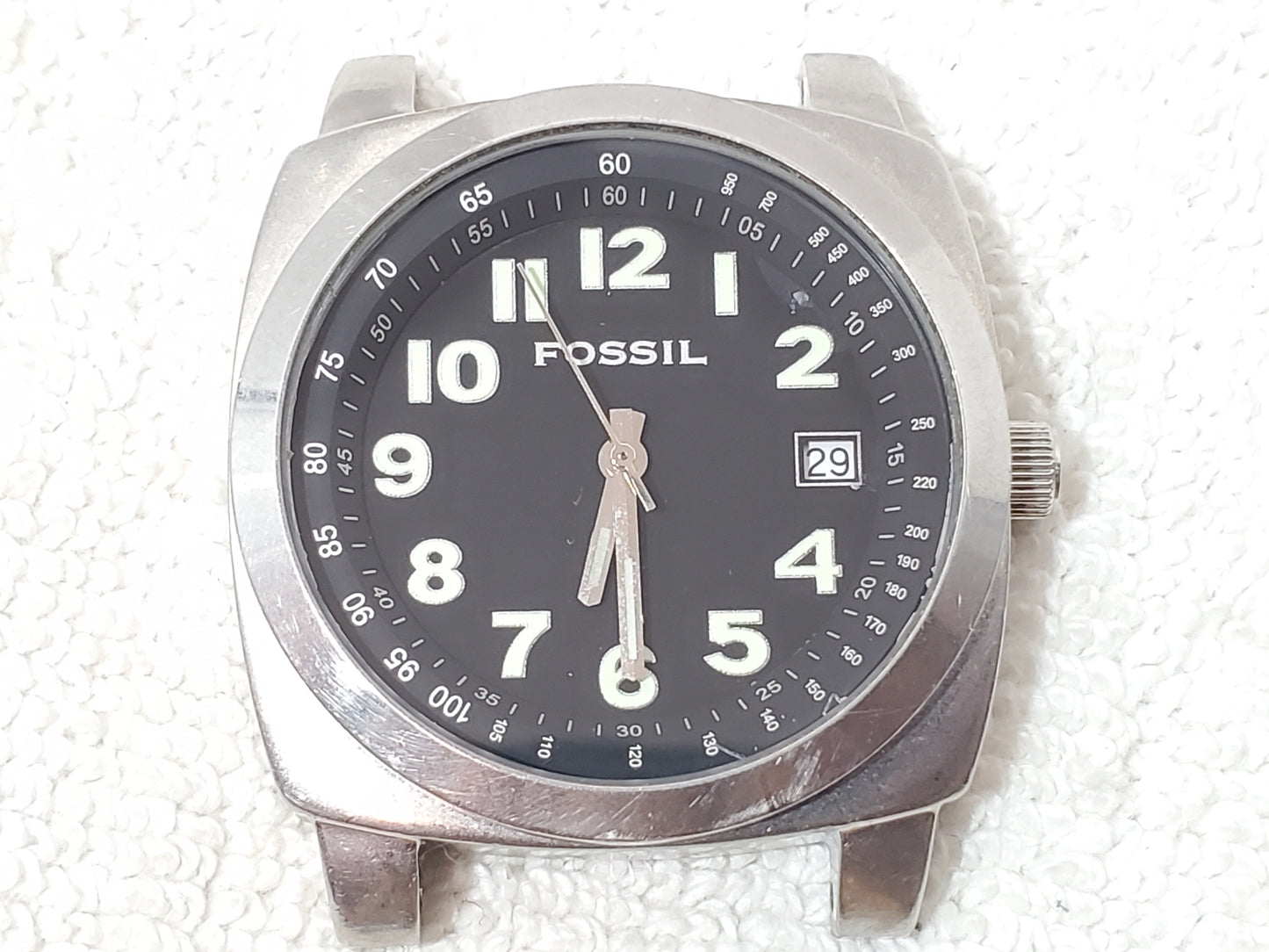 Vintage Fossil Men's Date Stainless Steel Quartz Watch Black Dial One Jewel