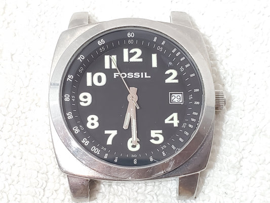 Vintage Fossil Men's Date Stainless Steel Quartz Watch Black Dial One Jewel
