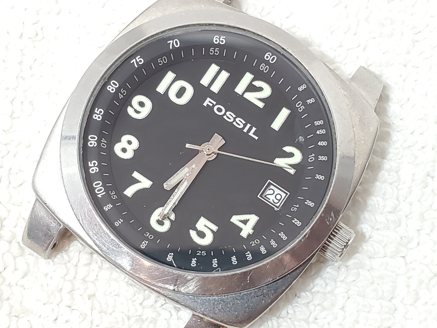 Vintage Fossil Men's Date Stainless Steel Quartz Watch Black Dial One Jewel
