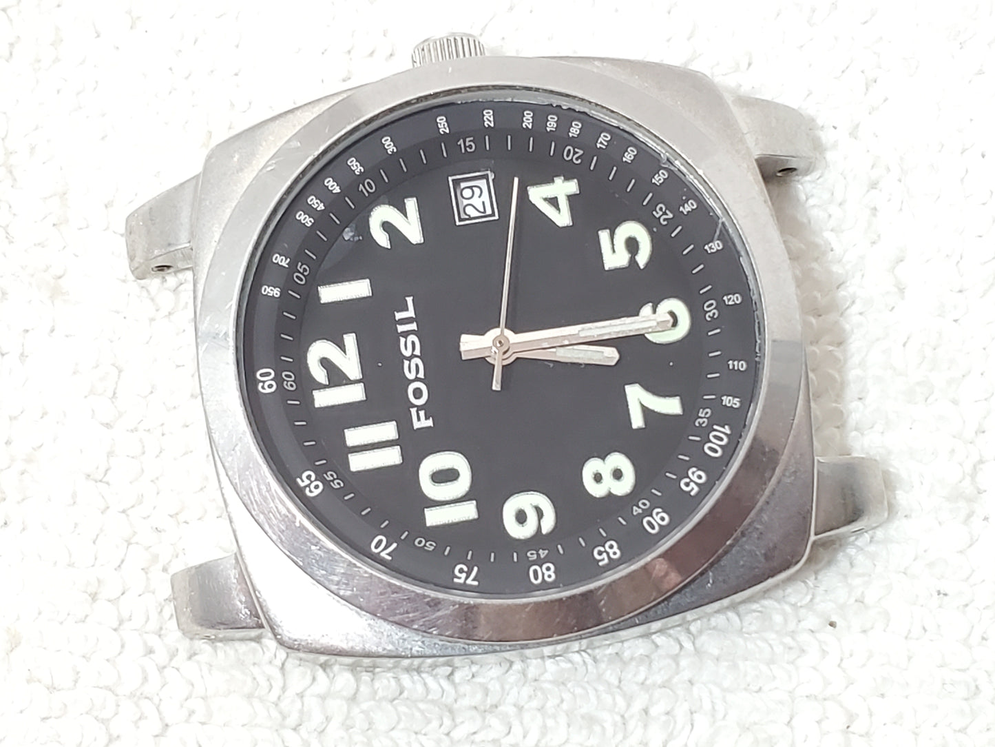 Vintage Fossil Men's Date Stainless Steel Quartz Watch Black Dial One Jewel