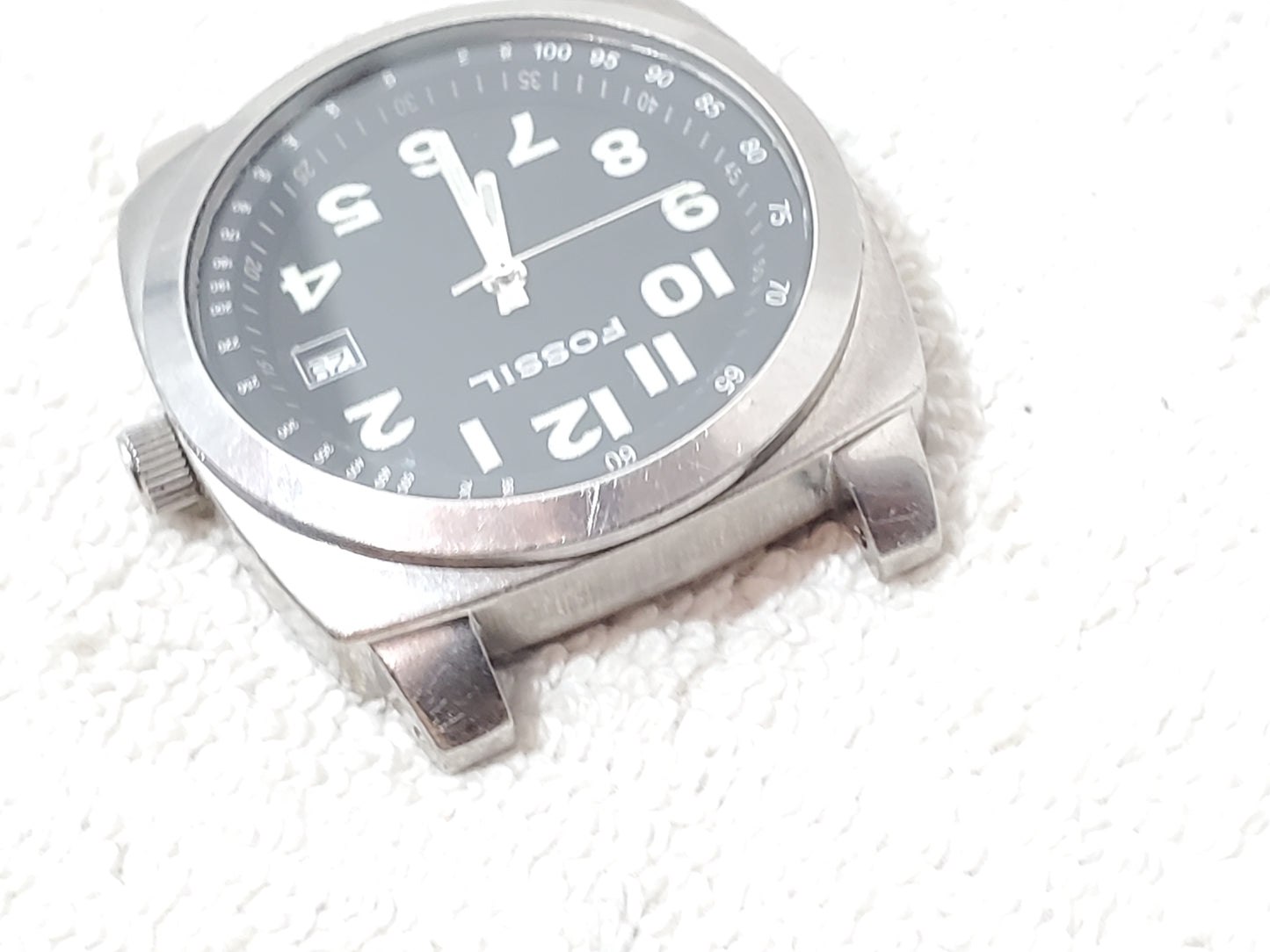 Vintage Fossil Men's Date Stainless Steel Quartz Watch Black Dial One Jewel