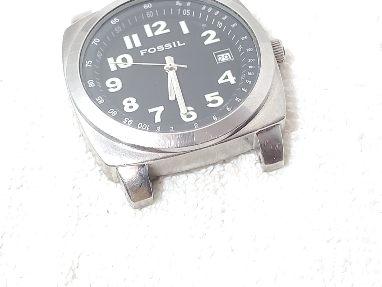 Vintage Fossil Men's Date Stainless Steel Quartz Watch Black Dial One Jewel
