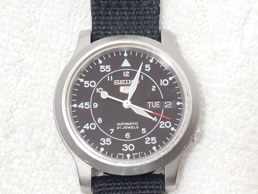 Seiko 5 Automatic Men's Watch 21 Jewels Day Date Military Field Vintage Black