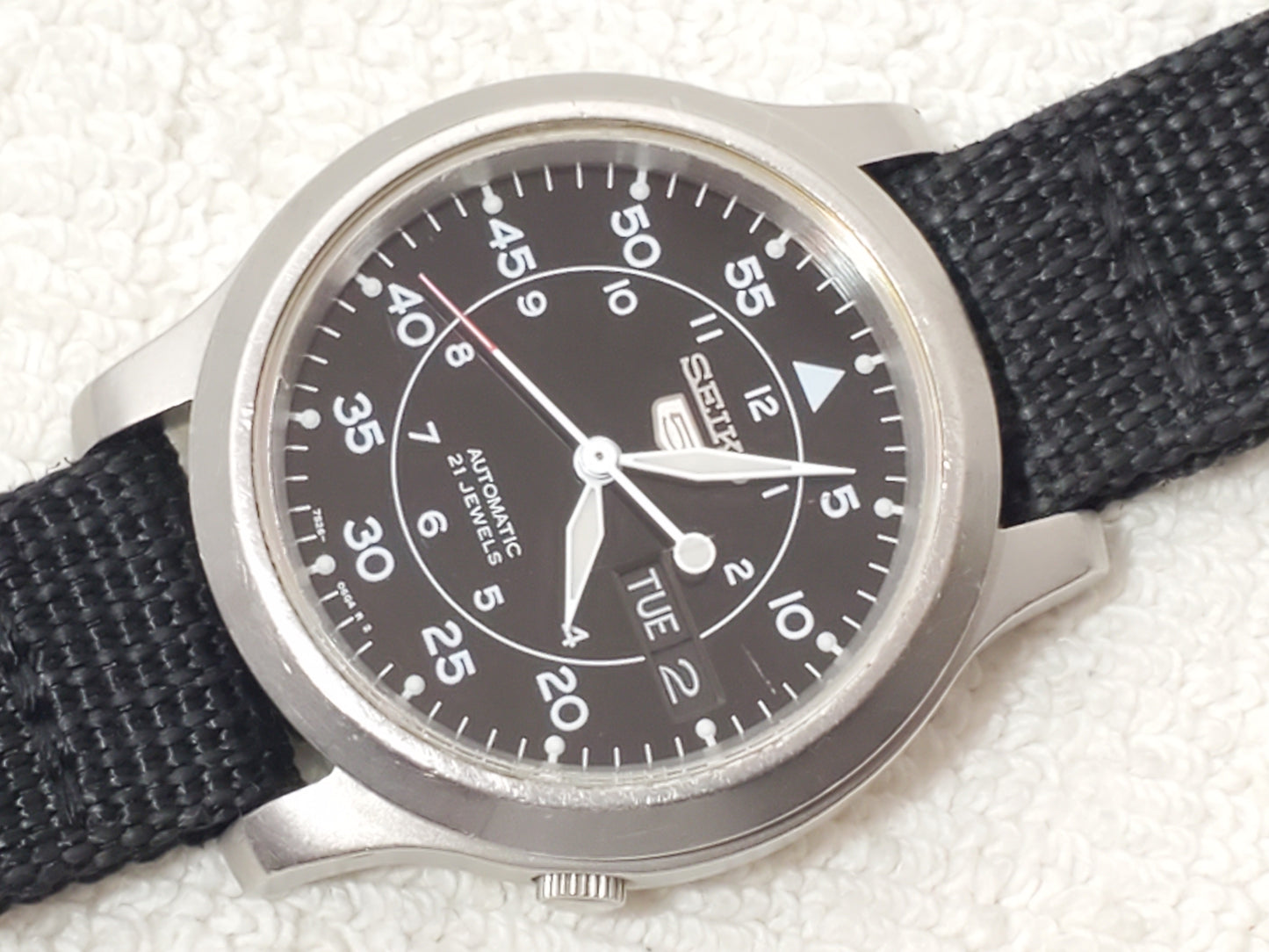 Seiko 5 Automatic Men's Watch 21 Jewels Day Date Military Field Vintage Black