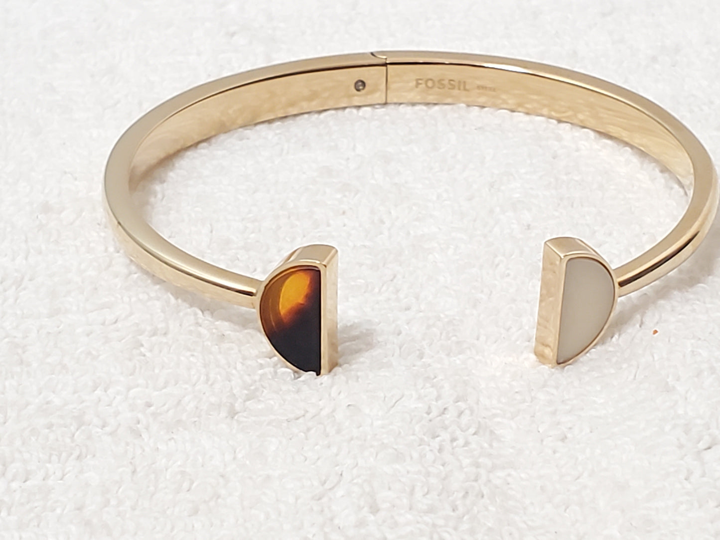 Fossil Tortoise & White Stainless Steel Open Cuff Bangle Bracelet Gold Tone