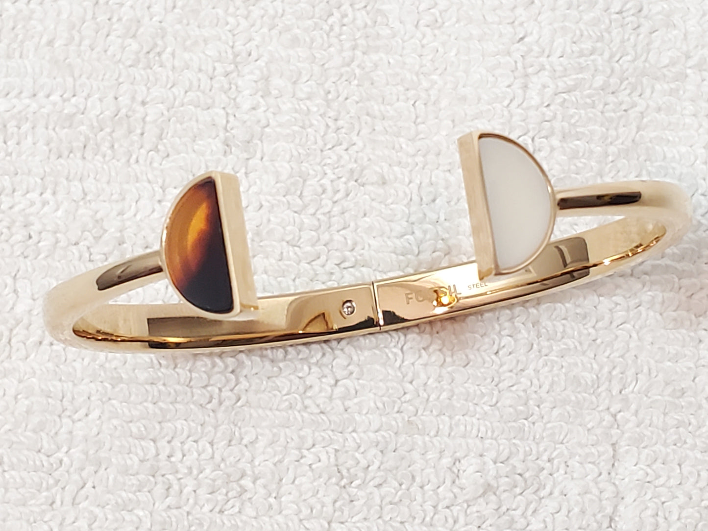 Fossil Tortoise & White Stainless Steel Open Cuff Bangle Bracelet Gold Tone