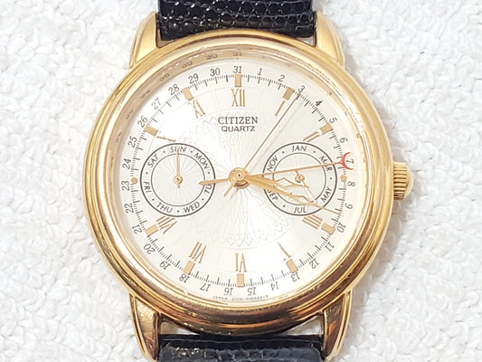 Vintage Citizen Men's Day Date Month Gold Plated Quartz Watch Black Leather Band