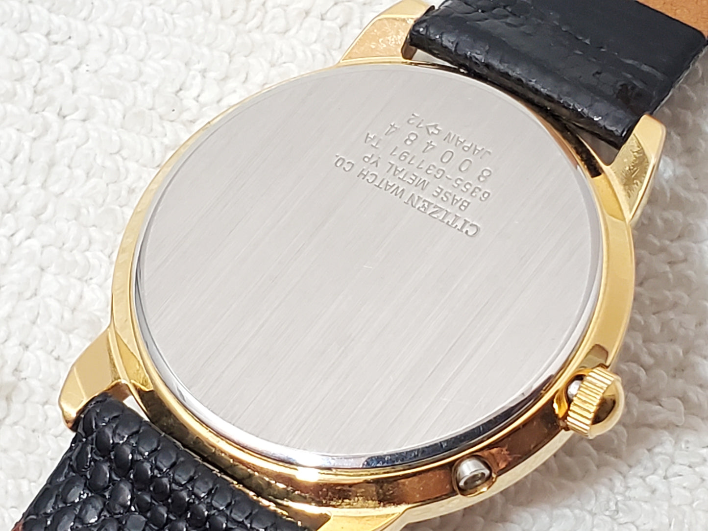 Vintage Citizen Men's Day Date Month Gold Plated Quartz Watch Black Leather Band