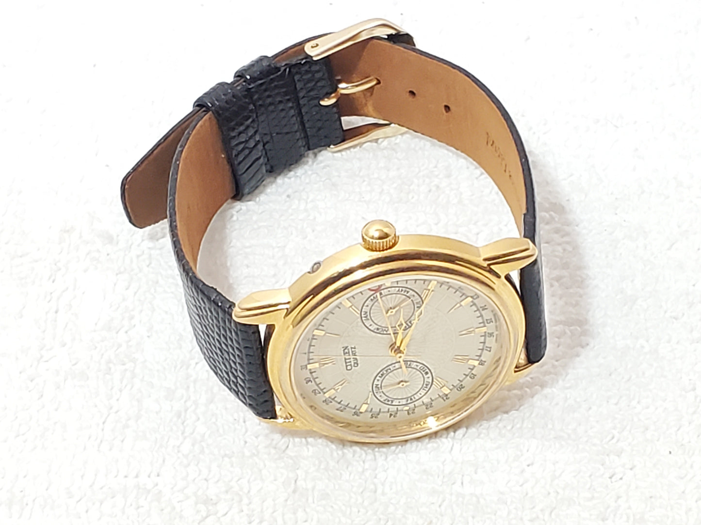 Vintage Citizen Men's Day Date Month Gold Plated Quartz Watch Black Leather Band