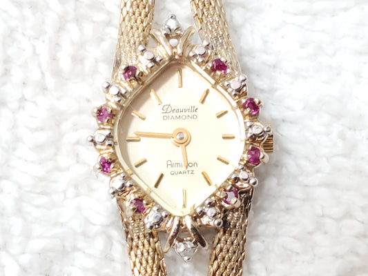 Armitron Deauville Vintage Gold Tone Women's Watch Diamonds Rubies Bezel 1 Jewel