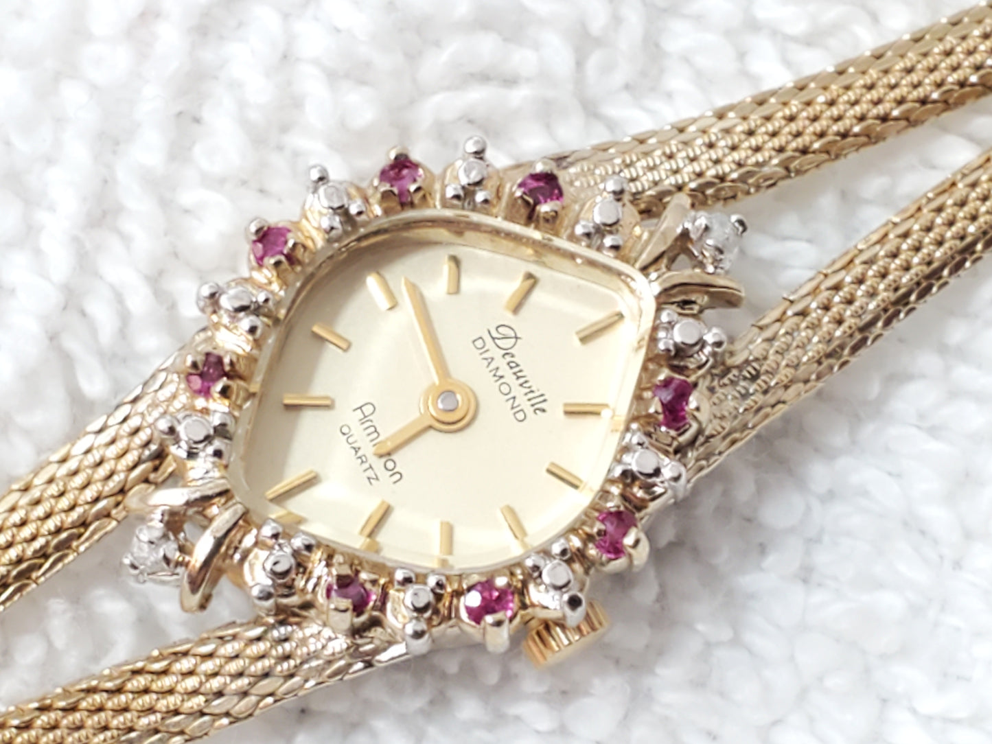 Armitron Deauville Vintage Gold Tone Women's Watch Diamonds Rubies Bezel 1 Jewel