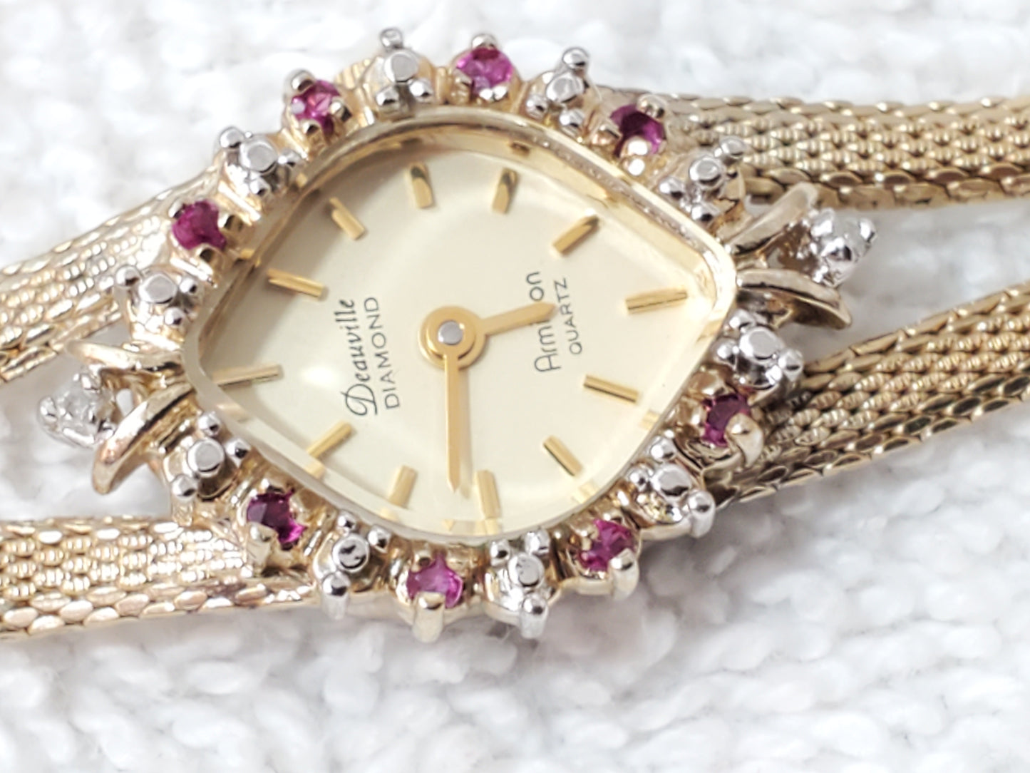 Armitron Deauville Vintage Gold Tone Women's Watch Diamonds Rubies Bezel 1 Jewel