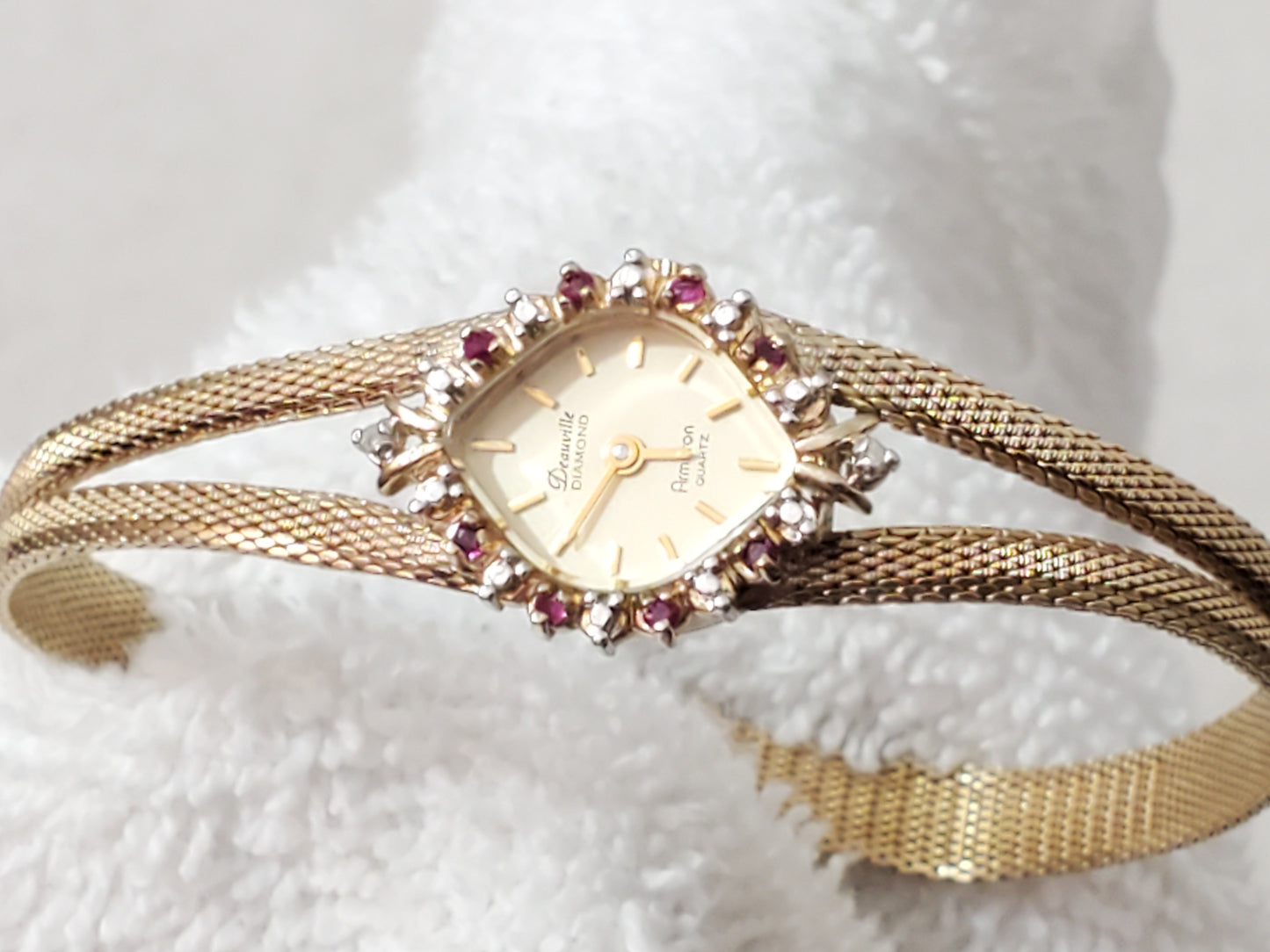 Armitron Deauville Vintage Gold Tone Women's Watch Diamonds Rubies Bezel 1 Jewel