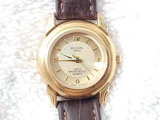 Vintage Elgin Swiss Quartz Women's Gold Tone Watch One Jewel Brown Leather Strap