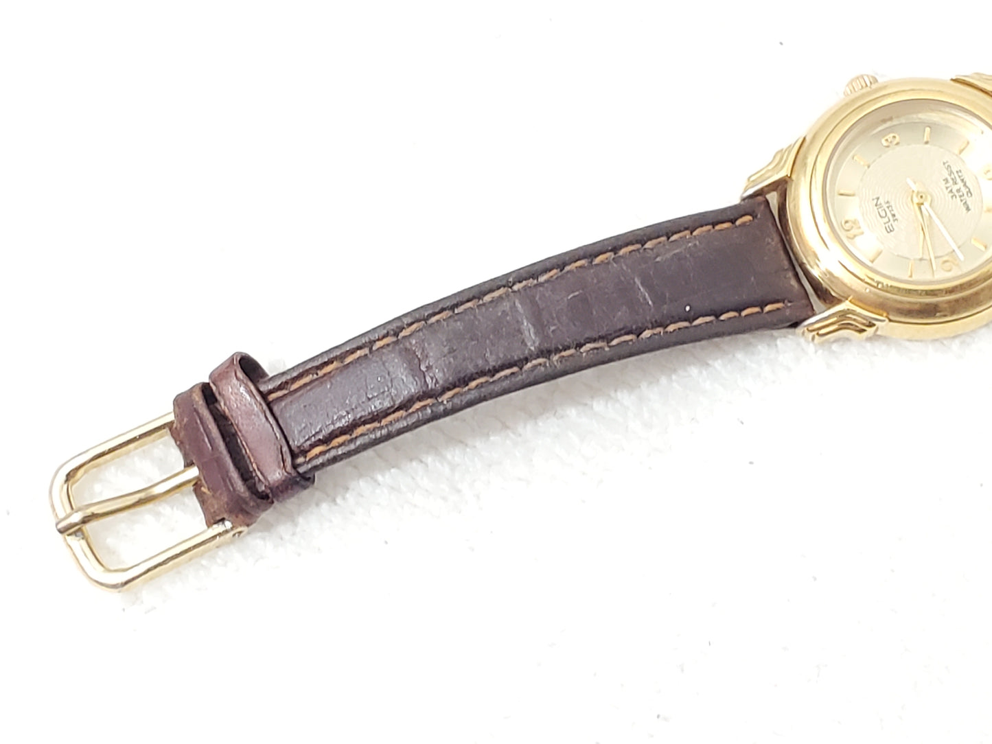 Vintage Elgin Swiss Quartz Women's Gold Tone Watch One Jewel Brown Leather Strap