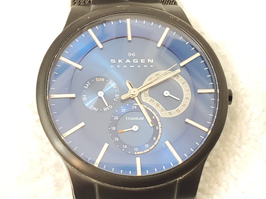 Skagen Men’s Black Mesh Stainless Steel Titanium Blue Dial Date Day Quartz Watch