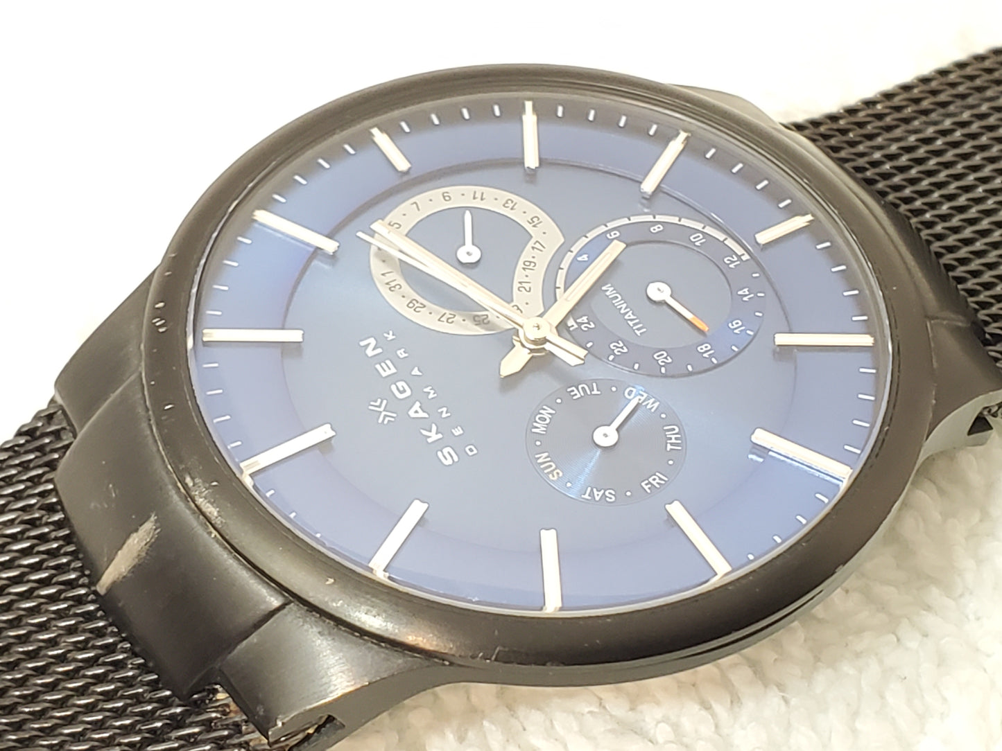 Skagen Men’s Black Mesh Stainless Steel Titanium Blue Dial Date Day Quartz Watch