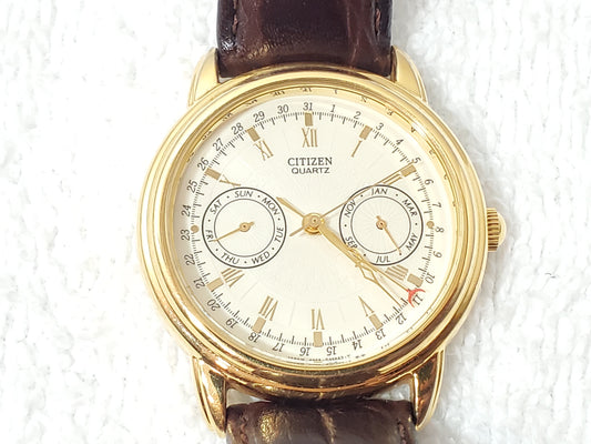 Citizen Men's Triple Calendar Vintage Watch Roman Numerals Gold Plated Leather
