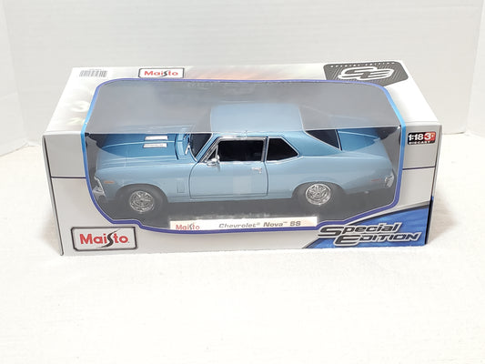 Maisto Special Edition 1970 Chevrolet Nova SS Coupe 1:18 Scale Light Blue New