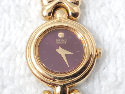 Vintage Seiko Ladies Dress Quartz Watch Burgundy Museum Dial Gold Plated