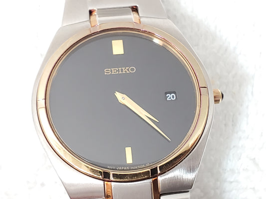 Vintage Seiko Two Tone Quartz Dress Watch 7N39-0BD0 Minimalist Black Dial Gilt