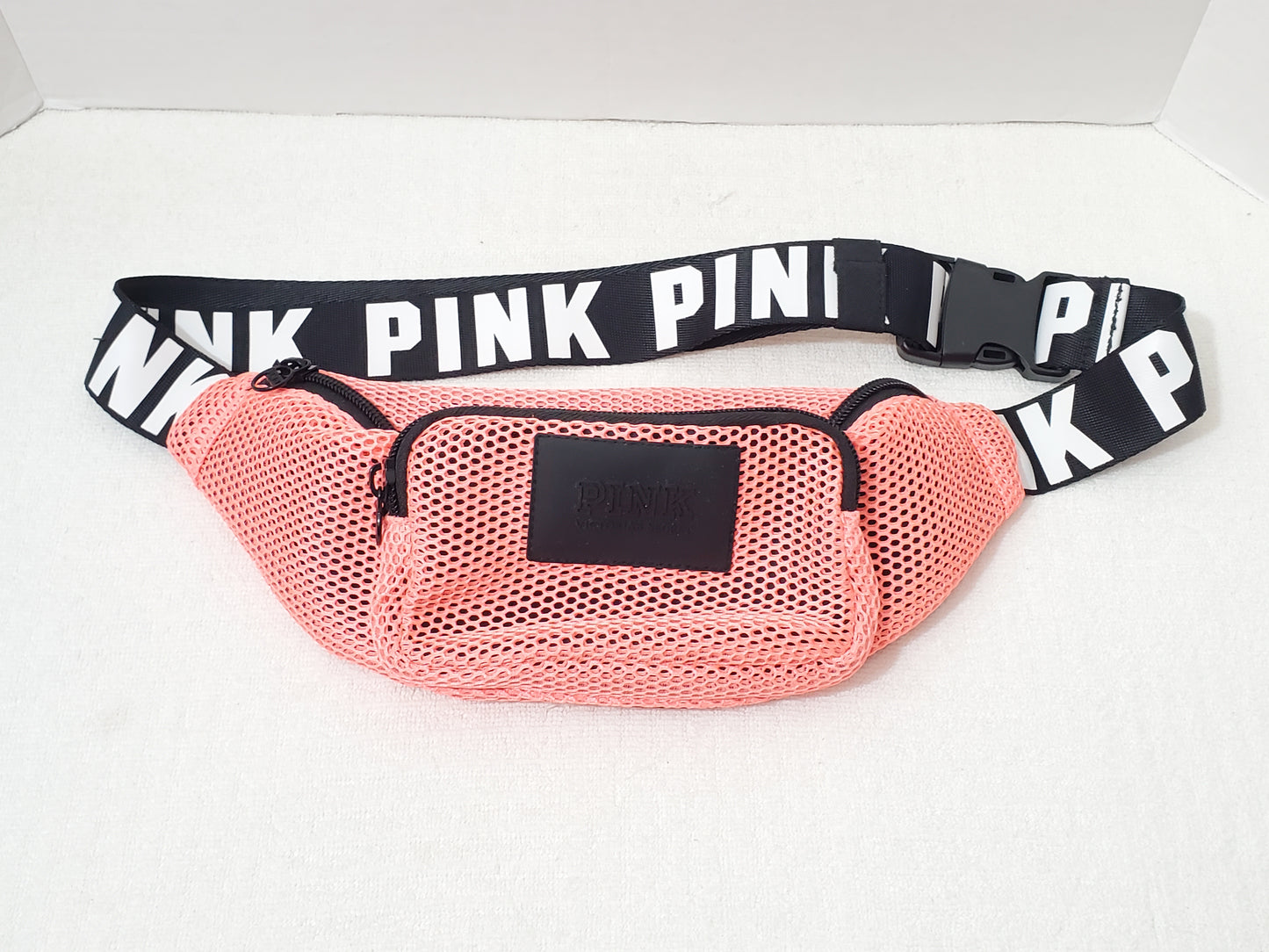 Victoria's Secret PINK Mesh Belt Bag Fanny Pack Strap Black White 2 Zippers NEW
