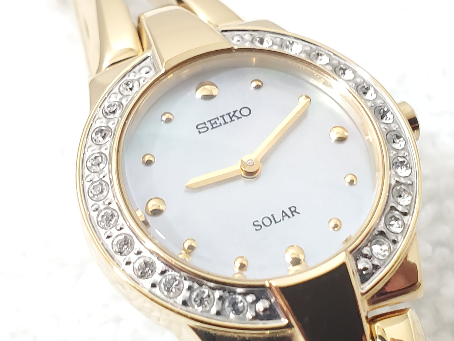 Seiko Women's Solar Watch Mother Pearl Dial Gold Plated Diamonds Bezel Bracelet