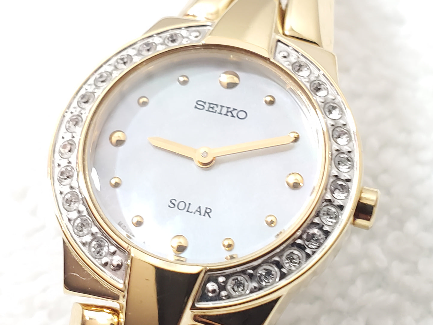 Seiko Women's Solar Watch Mother Pearl Dial Gold Plated Diamonds Bezel Bracelet