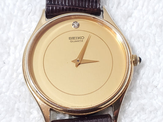 Vintage Seiko 1980's Gold Plated Women's Watch Diamond Dial 7 Jewels Leather