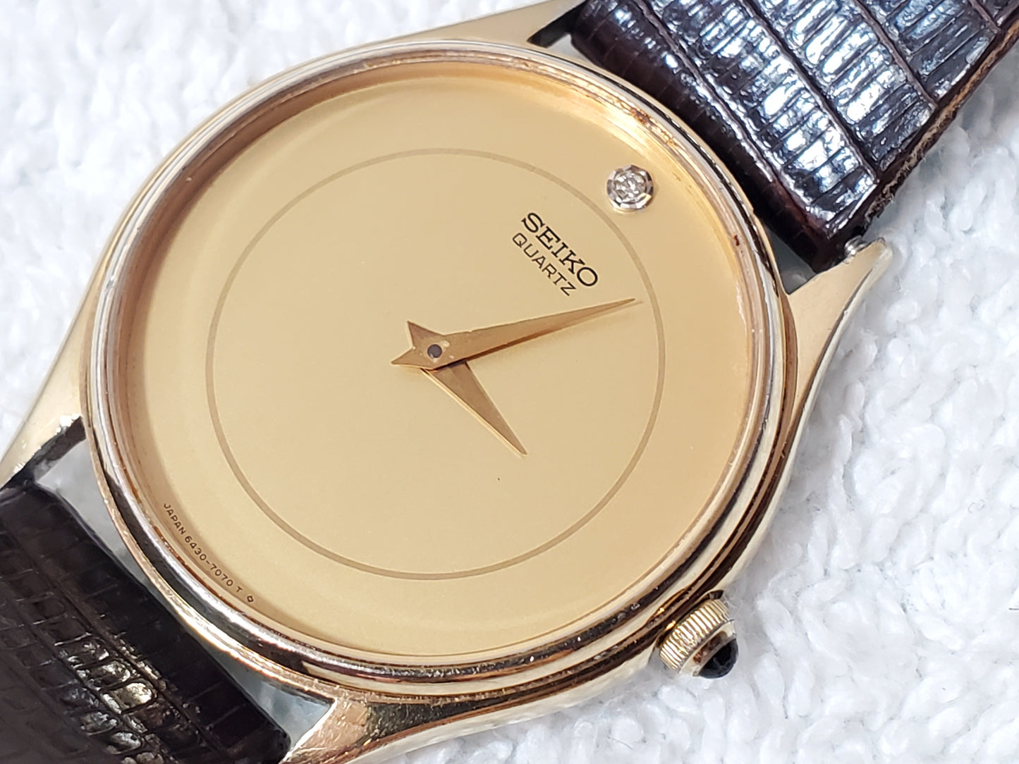 Vintage Seiko 1980's Gold Plated Women's Watch Diamond Dial 7 Jewels Leather