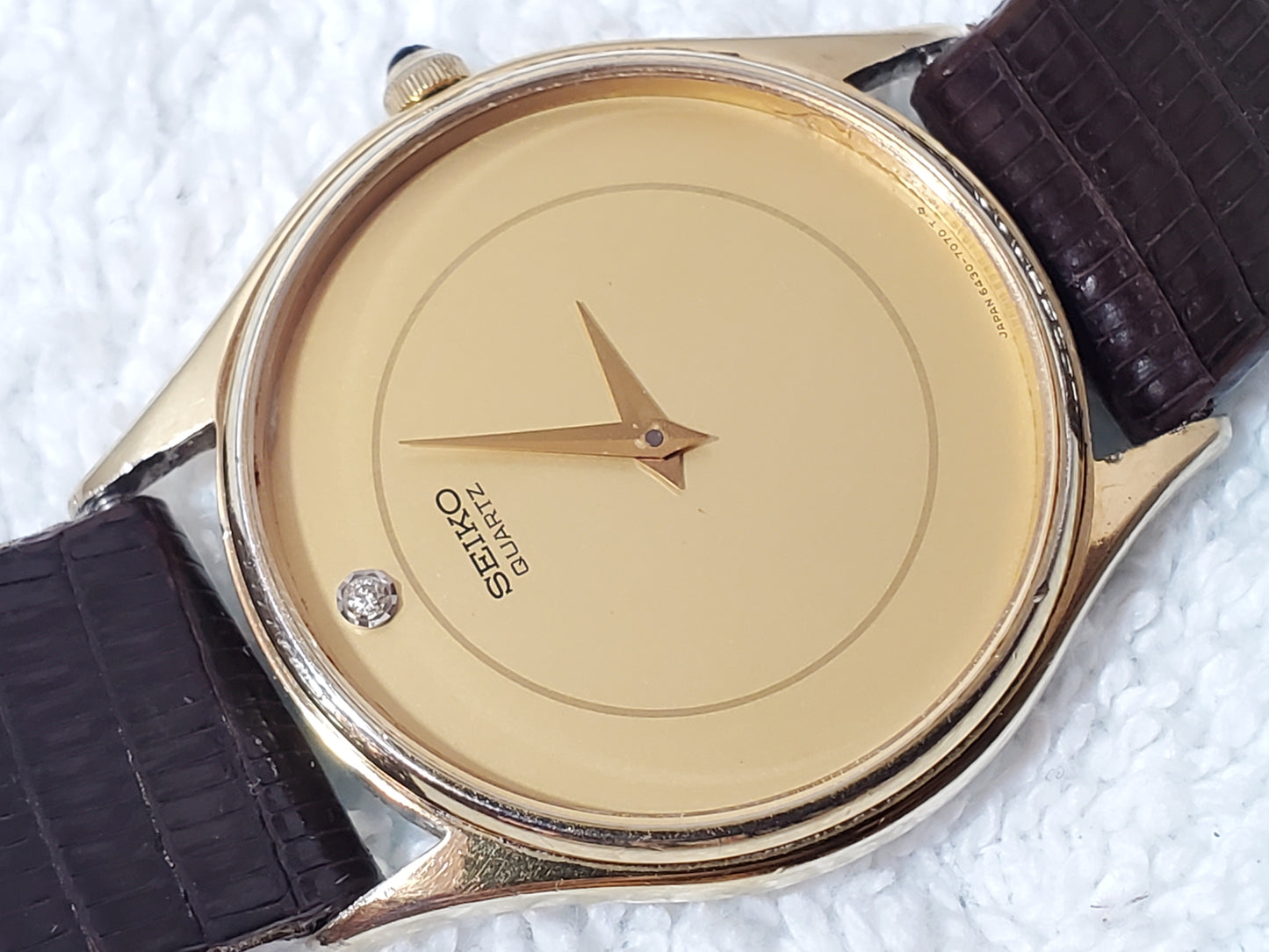 Vintage Seiko 1980's Gold Plated Women's Watch Diamond Dial 7 Jewels Leather