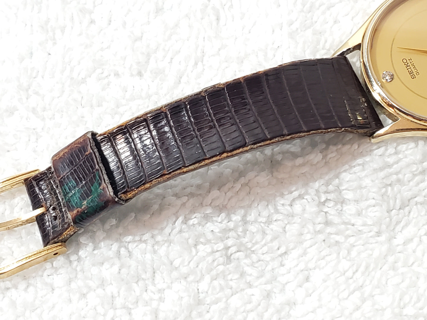 Vintage Seiko 1980's Gold Plated Women's Watch Diamond Dial 7 Jewels Leather