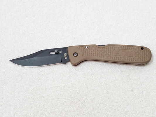 Vintage SOG Autoclip Pocket Knife Black Blade Coyote Tan Handle Discontinued