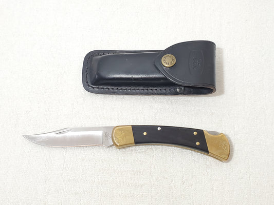 Vintage Buck 110 Folding Hunter Knife Wood Brass Lockback Black Leather Sheath
