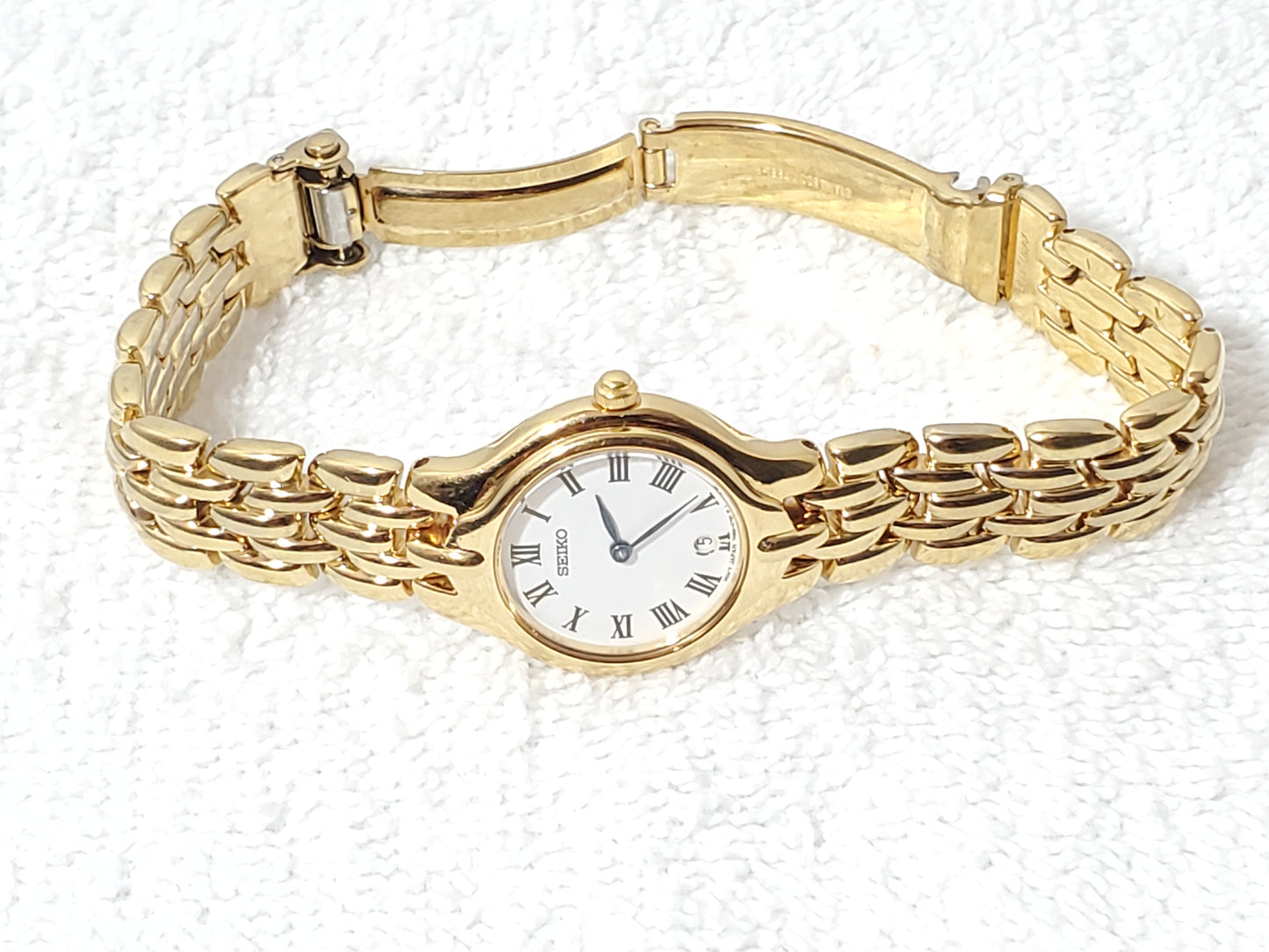 Vintage Seiko Gold Tone Plated Women's Date Watch White Dial Roman Numerals