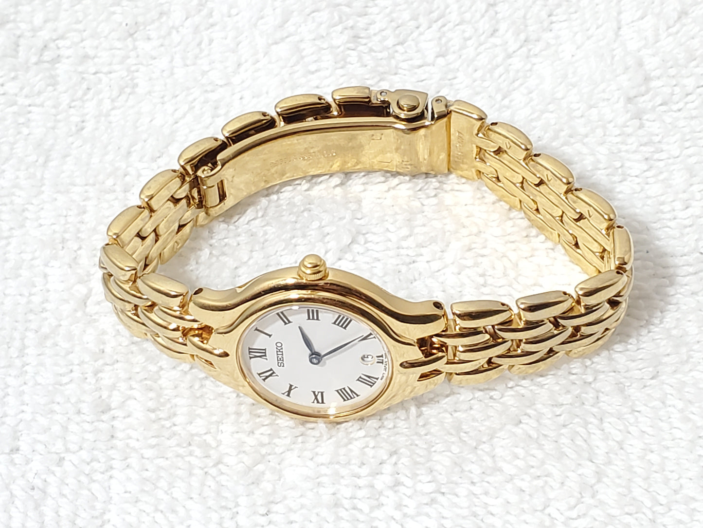 Vintage Seiko Gold Tone Plated Women's Date Watch White Dial Roman Numerals