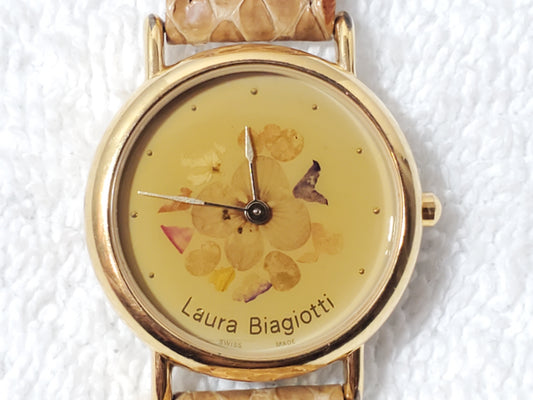 Vintage Laura Biagiotti Gold Plated Women's Watch Pressed Flowers Swiss Made