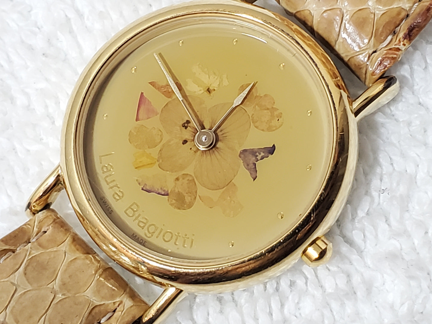 Vintage Laura Biagiotti Gold Plated Women's Watch Pressed Flowers Swiss Made
