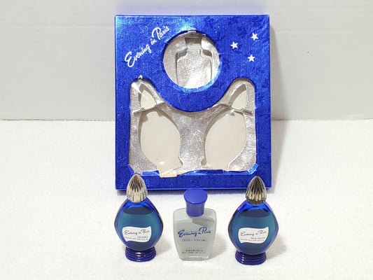 Vintage Evening in Paris Bourjois Gift Set 3 Pc Cobalt Blue Bottles Boxed 1950s
